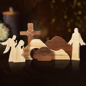 7 PCS Empty Tomb Easter Scene and Cross Decoration,Wooden Jesus Resurrection Tiered Tray Decor,Nativity Scene Figurines Decoration for Religious Home,Office,Tabletop