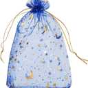 MECCANIXITY Organza Bag 4" x 6", Sheer Moon Star Mesh Bags Drawstring Gift Bags Bulk Party Favor Bag Jewelry Pouches for Wedding Candy Valentines (Bright Blue-Gold, Pack of 50)