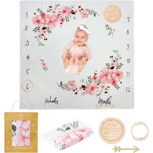 Baby Milestone Blanket | Cotton Muslin Swaddle Blanket | Monthly Photo Mat for Newborn Girl | Cherry Blossom Flowers| Personalised Baby Shower Present for New Mums | Age Mat | Includes Wooden Frames