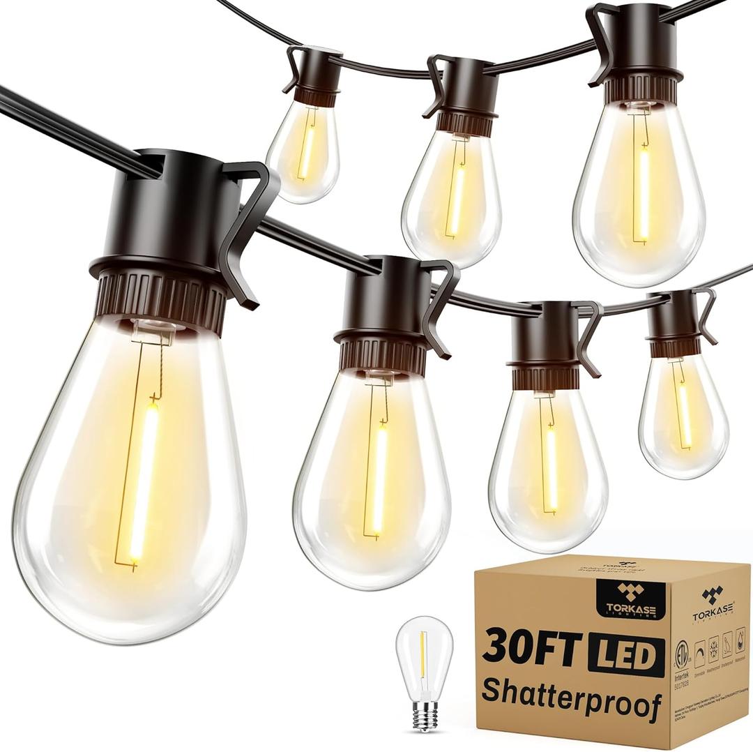 Torkase LED Outdoor String Lights 30FT Patio Lights with Shatterproof S14 Edison Bulbs, Dimmable Outside Hanging Light Connectable for Porch, Deck, Garden, Backyard, 2200K (Plug in-30FT)