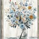Abstract Flower Wooden Wall Art: Gray Blue Floral Blossom Picture Rustic Botanical Prints Framed for Bathroom (11W x 16H, Multi-Sized/Material)