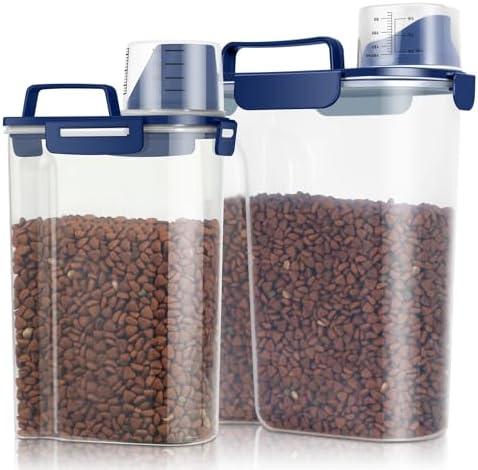 TBMax 2 Pack Cat Dog Food Storage Containers 8 to 10 Lbs, Portable Travel Pet Container Dispenser with Easy-Pouring Spout & Cup, Airtight Bird Seed Container Dog Treat Storage Bin