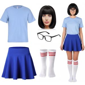 Crowye 6 Pcs Halloween Costume Nerd Glasses for Women Black Bob Wigs Blue Short Sleeve Shirts Skater Skirts Striped Socks (Blue, M)