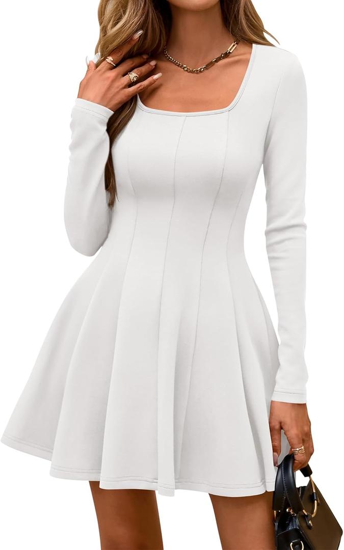 BTFBM Square Neck Dress for Women Casual Spring Long Sleeve Knit Pleated Elegant Classy 2026 Fall Cocktail Mini Dresses, XL