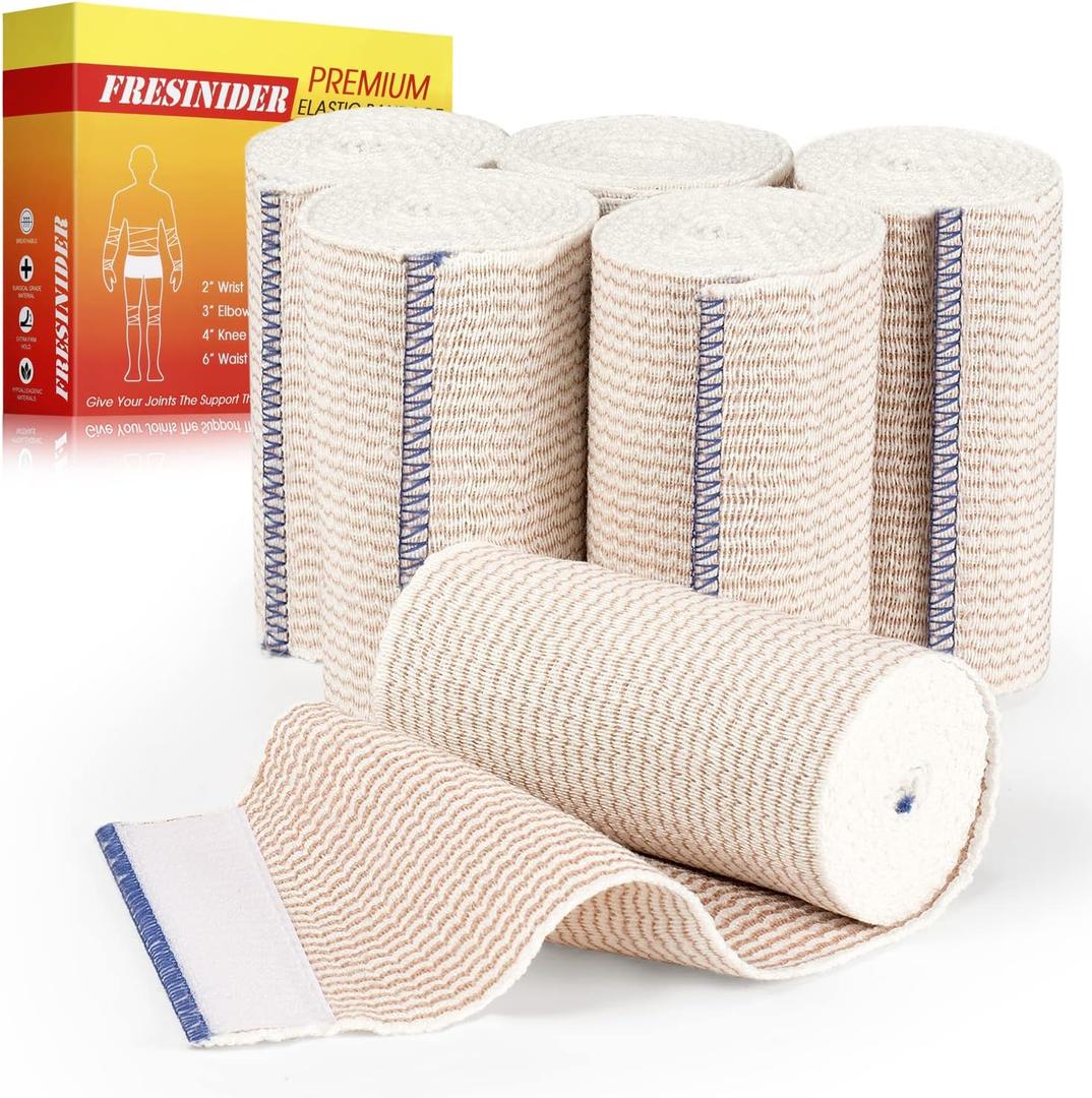 FRESINIDER Premium Elastic Bandage Wrap, 6 Pack 4" Cotton Latex Free Compression Bandage Wrap with Touch Closure at Both Ends, Support & First Aid for Sports, Medical, and Injury Recovery