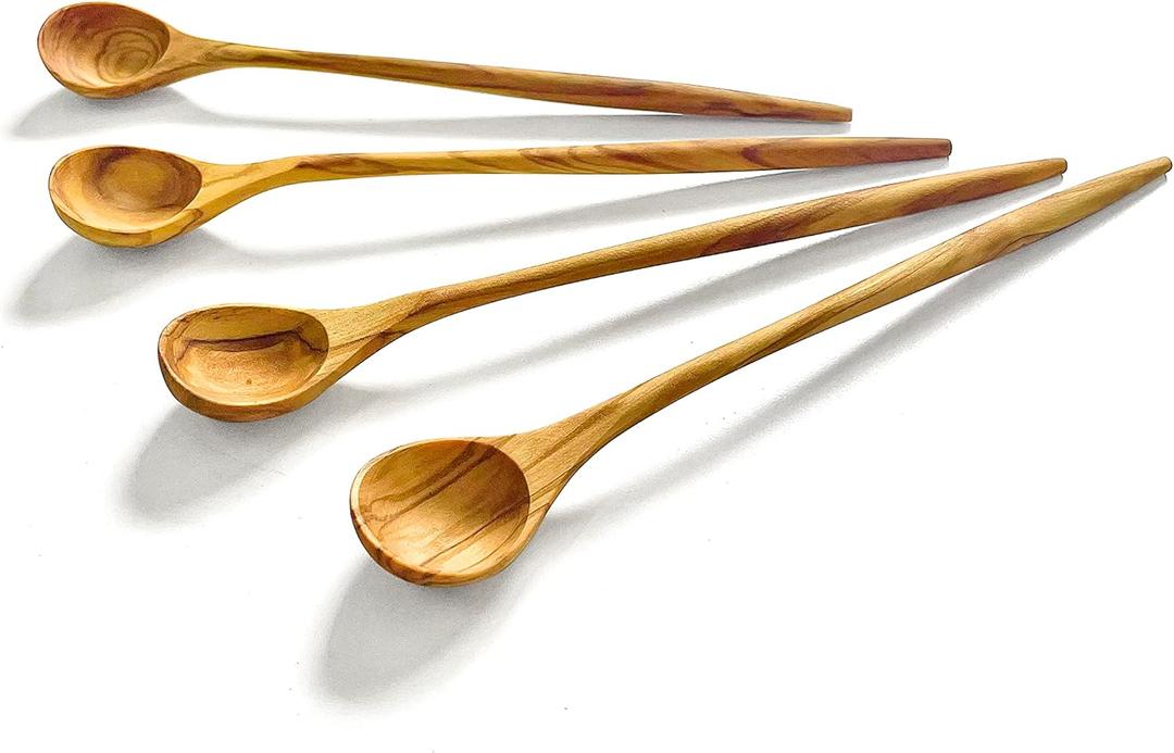 WONDERFUL 100% Natural Olive Wood Long Handle Spoons for Coffee, Tea, Milkshake Kitchen Stirring, Cocktail Stirrer; Mixing Honey Spoon, Chef Tasting Spoons(4 pcs)