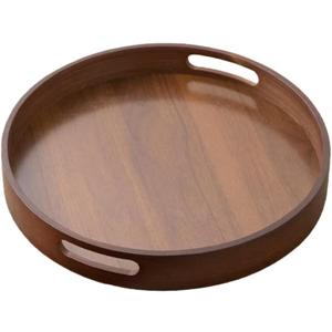 Rustic Wood Serving Tray with Handles - 11.8" Round, Decorative Tray for Kitchen Living Room Coffee Table Candle Display Breakfast in Bed, Multi-Functional Food & Beverage Wooden Tray, Farmhouse Style