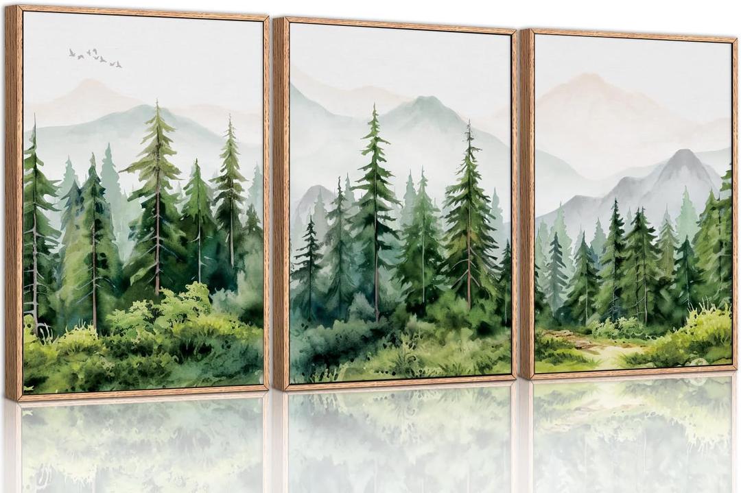 Ausril Watercolor Mountain Range Framed Canvas Wall Art Set, Green Forest Tree Wall Decor, Woodland Nursery Wall Painting, Modern Wilderness Art Print for Living Room, Bedroom, Office-16 x24 x3