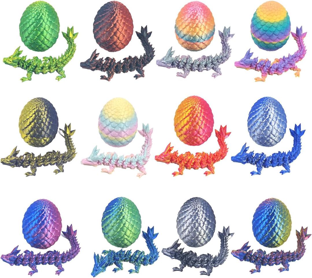 12PCS 3D Printed Crystal Dragon & Egg Set - 12 Unique Colors - 5.12 Inch Glitter Dragons with 2.36 Inch Surprise Eggs - Blind Box Collectible Toys for Adults - Fantasy Party Favors Gift