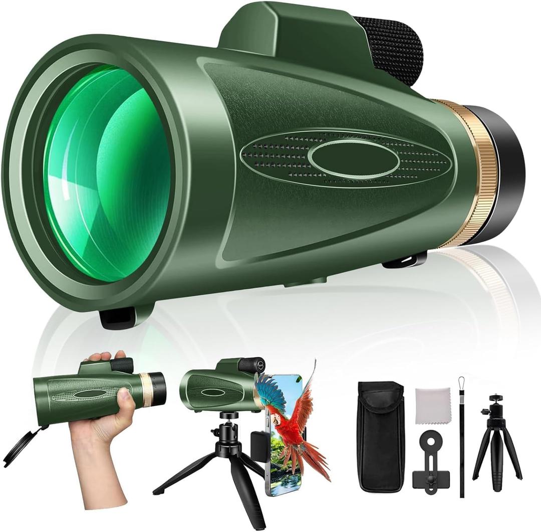 Monocular Telescope 80x100 High Power with Smartphone Adapter Tripod, Wide Field Monoculars for Adults with BAK4 Prism & FMC Lens, for Bird Watching Hiking Camping Wildlife-Green