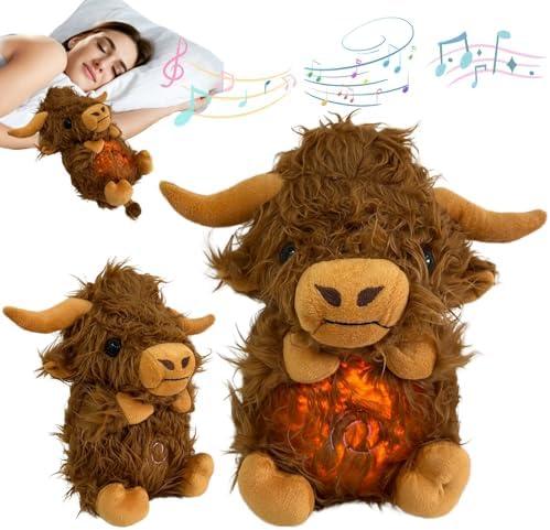 JULIDREAM Anxiety Relief Koala Highland Cow, Breathing Teddy Anxiety Bear with Calming Music, Lights, Sleeping Otter Plush, Soothing Highland Cow for Adults & Kids, Stress Relief Stuffed Animal