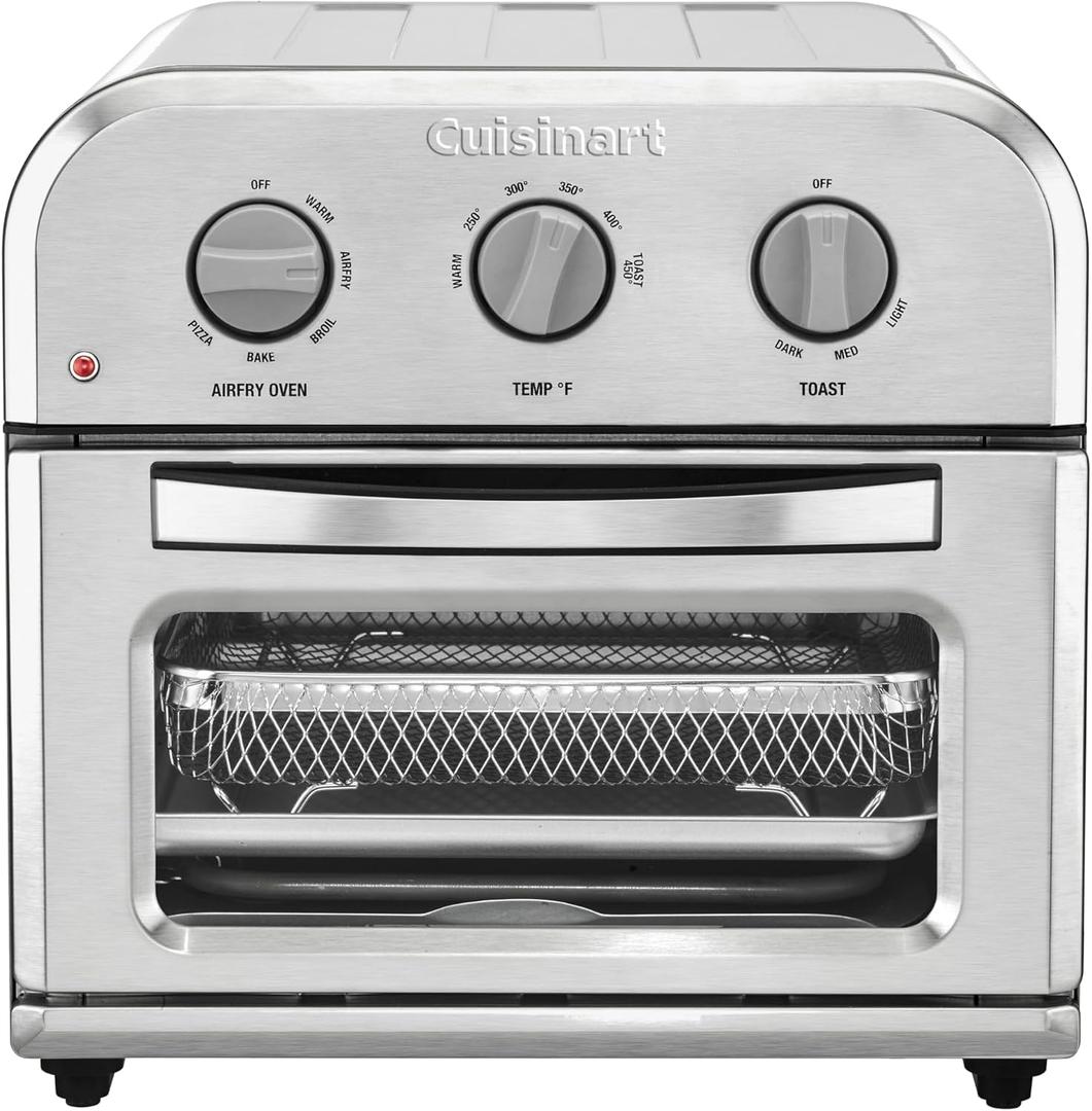 Cuisinart Compact Air Fryer Toaster Oven, Stainless Steel Fryer with 6-in-1 Functions, Adjustable Temperature, Includes Oven Rack, Baking Pan and Air Fry Basket, TOA-26