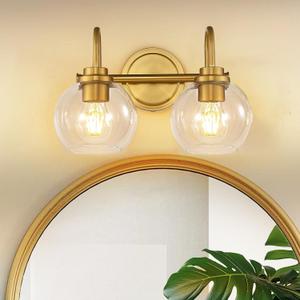Gold Bathroom Light Fixtures 2 Light Vanity Lights Over Mirror with Clear Glass Lamps Shades Bathroom Wall Lamp for Mirror Kitchen Bedroom Hallway Living Room