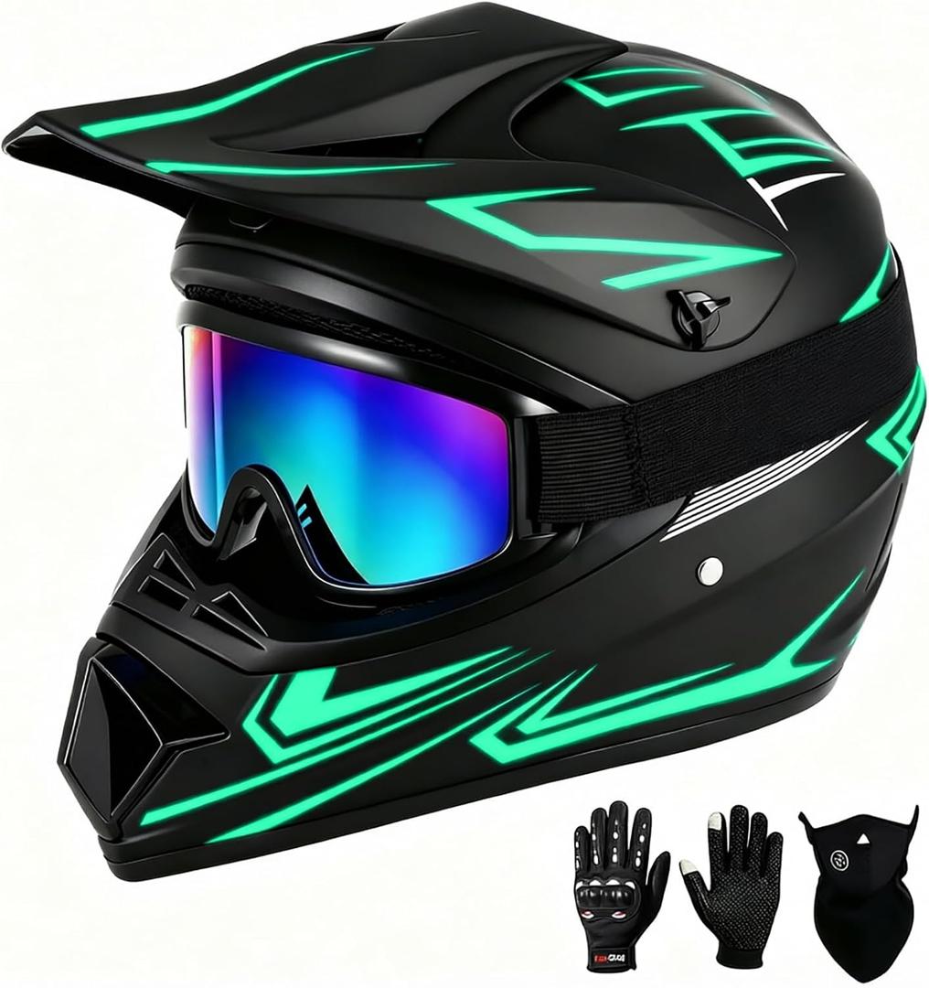 SPARK DOT Certified Youth Motocross Helmet Kids Dirt Bike Helmets - Full Face, Lightweight & Breathable for Off-Road E-Bike BMX MX ATV (with Gloves Goggles Mask) 4Pcs Set