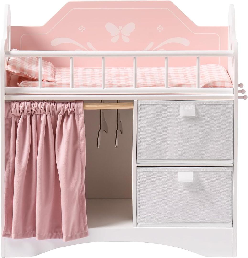 ROBOTIME Baby Doll Crib, Wooden Doll Bed, Toy Baby Crib with Storage, Bedding, and Wooden Hooks, Doll Crib Fits Dolls up to 21", Doll Furniture for American Girls Ages 3+ (Pink)