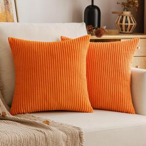Fall Orange Throw Pillow Covers Corduroy Decorative Soft Striped Square Cushion Covers Spring Pillowcases for Couch Sofa Bedroom Chair Car 16x16 Inch Set of 2
