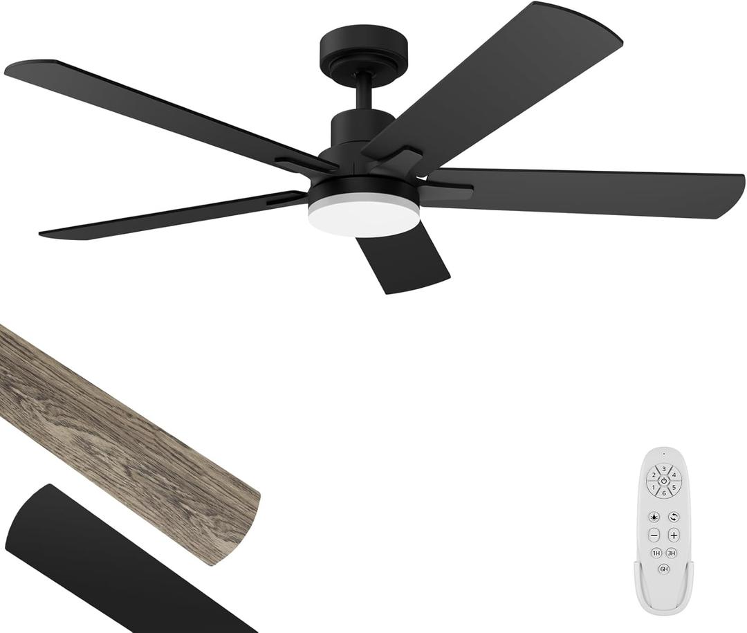 Ceiling Fan with Light 52-Inch, Remote Control Reversible DC Motors, 3CCT Dimmable Timer Noiseless, Black Ceiling Fan for Bedroom Living Room, Indoor&Outdoor ETL Listed