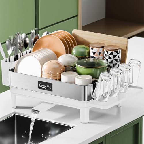 Dish Racks, Thicker Premium 304 Stainless Steel Dish Drying Rack for Kitchen Counter, Automatic Drainage Spout, Dish Drainer & Drainboard Set with Utensil Holder and Cup Holder, Grey