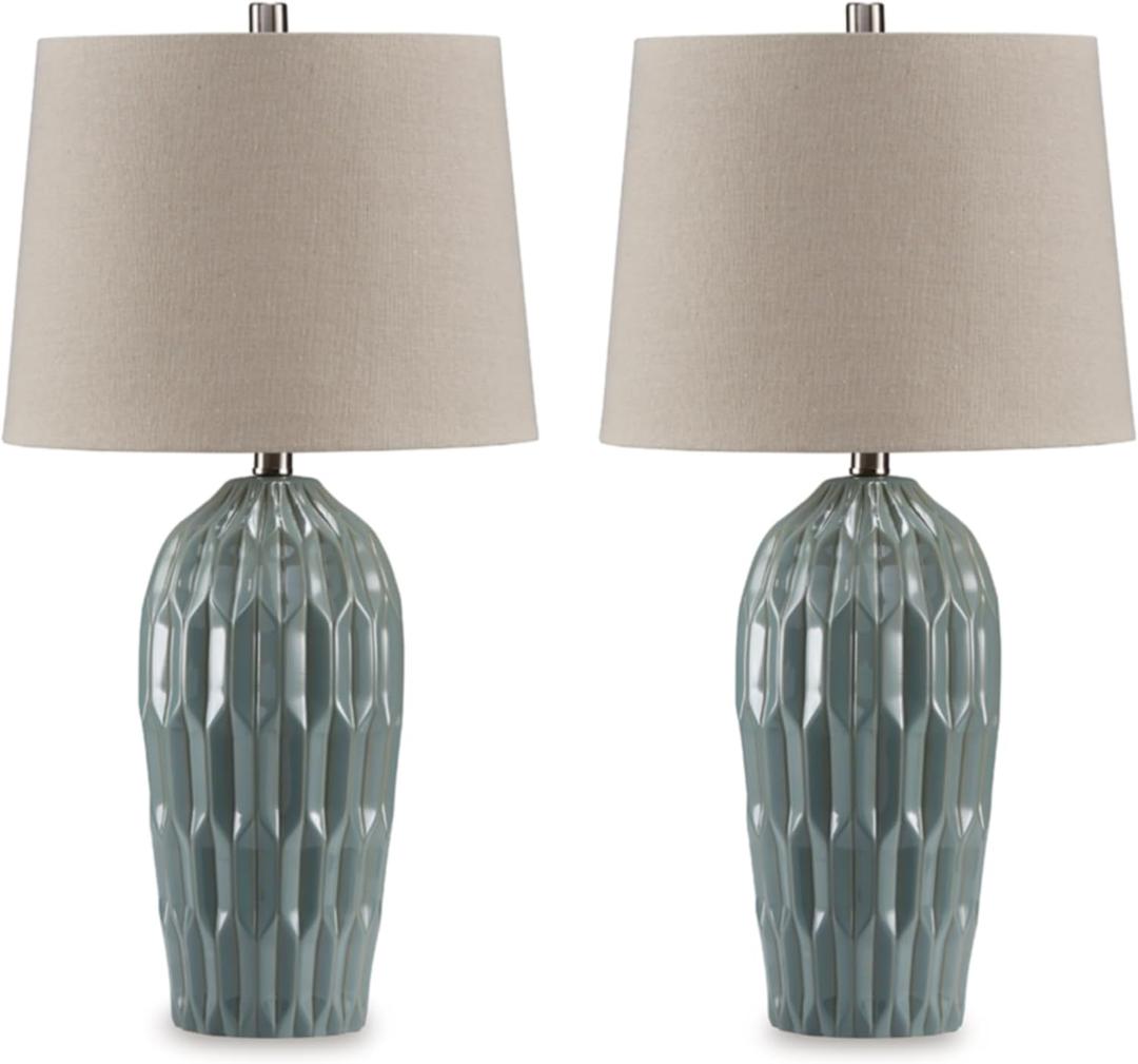 Signature Design by Ashley Hadbury Contemporary Ceramic Table Lamp Set with 3-Way Switch, Set of 2, Light Green & Beige