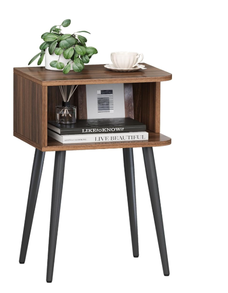 Small Bed Side Table for Small Spaces, Mid Century Modern Nightstand End Table with Open Storage, Side Table for Bedroom Living Room, Walnut Brown MLBZ20R-2