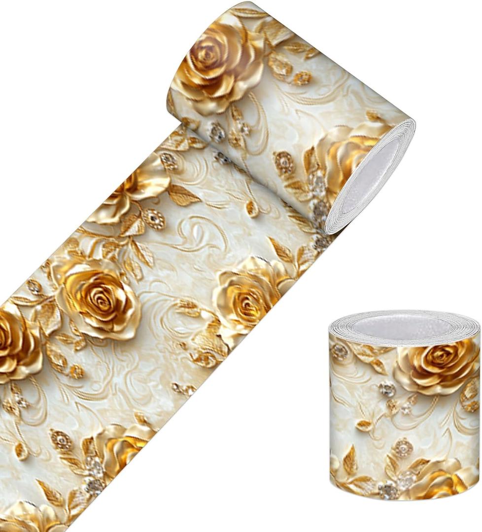 Wallpaper Border Peel and Stick Baroque Gold Texture Decorative Wall Trim Self Adhesive Border for Walls Mirror Frame Accent Strip for Bedroom Bathroom Kitchen Living Room 4x196 Inch