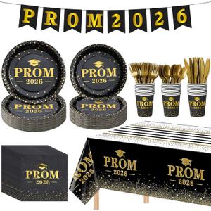 178 Pcs Prom Send off 2026 Plates and Napkins Serve 25, Disposable Paper Plates Napkins Set Banner Plastic Tablecloth Cups Knives Spoon for Class of 2026 Graduation Party Decorations Black and gold