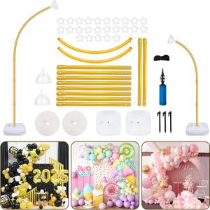 8FT & 6FT Gold Balloon Arch Stand, Free Bending Top Balloon Arch Kit, Half Arch Balloon Stand with Base for Floor, Balloon Column Kit for Wedding Birthday Baby Shower Graduation Party Decor