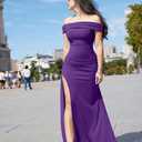 LAGSHIAN Women's Elegant Bodycon Off Shoulder Sleeveless High Split Ruched Long Formal Evening Dress (Purple, S)