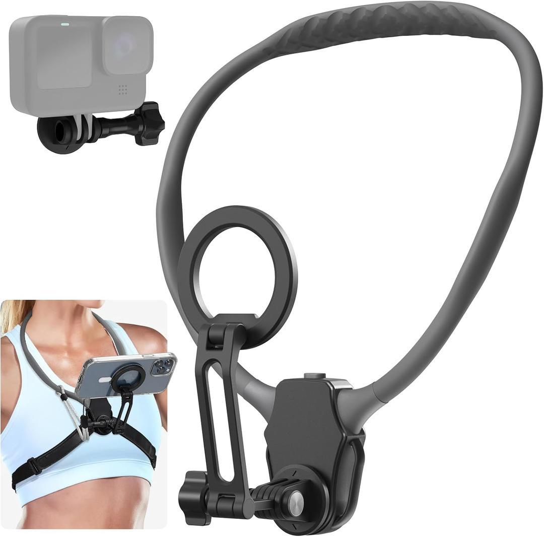 Magnetic Neck Phone Mount for Recording, POV Vlog Magnetic Neck Tripod with Anti-Vibration Chest Strap, POV Phone Holder, Phone Necklace Holder for iPhone 15 14 13 12 Series, Grey