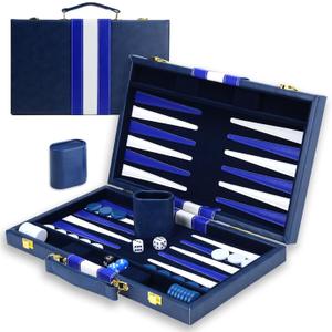 Large Backgammon Sets for Adults - Classic Board Games for 2 Players Adults and Kids - Premium Backgammon Set 15 inch Board and 30 Backgammon Pieces in Quality PU Leather Case - Gift for Man (Blue)