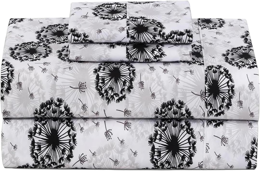 ZOYER Floral Bed Sheets Set Full Size - Double Brushed Microfiber Black & White Flower Sheets Fitted Up to 15 Deep Pocket, Breathable, Extra Soft Dark Pattern Sheet, 4pc, Daisy Day