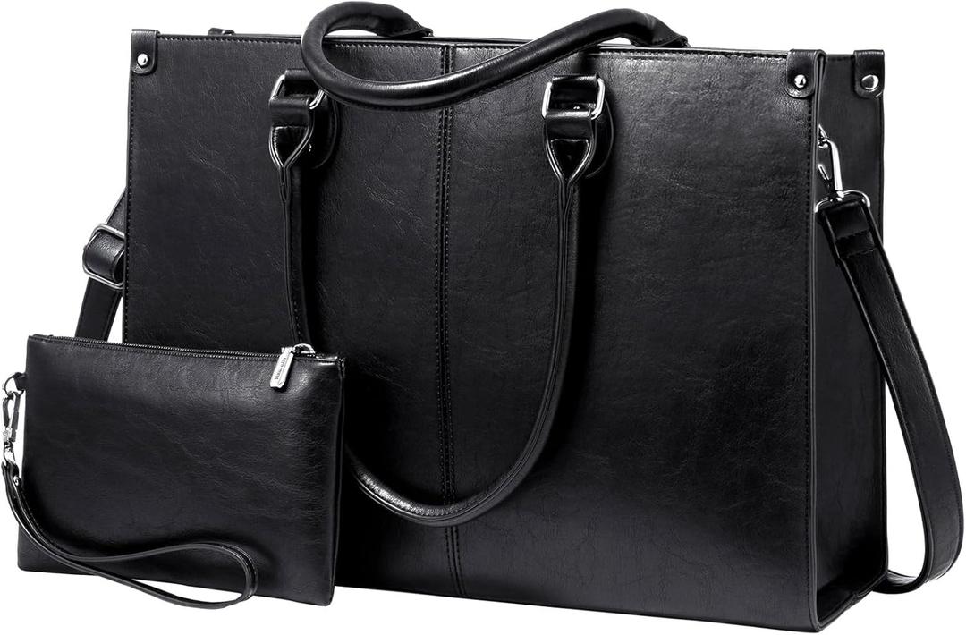 LOVEVOOK Laptop Tote Bag for Women, 15.6 Inch Large Capacity Vintage Leather Work Computer Bag, Business Casual Shoulder Handbag, Black