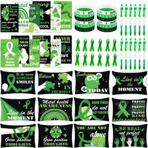 Mental Health Awareness Gift Sets Green Ribbons Safety Pins Makeup Bag Silicone Bracelets Pens Notebook Mental Health Awareness Accessories Items for Men Women Teens Green Ribbon Party Supplies