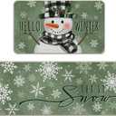 Hello Winter Snowman Green Kitchen Rugs Set of 2, Let It Snow Snowflake Kitchen Mats Decor, Christmas Seasonal Floor Door Mat Home Decorations - 17x29 and 17x47 Inch