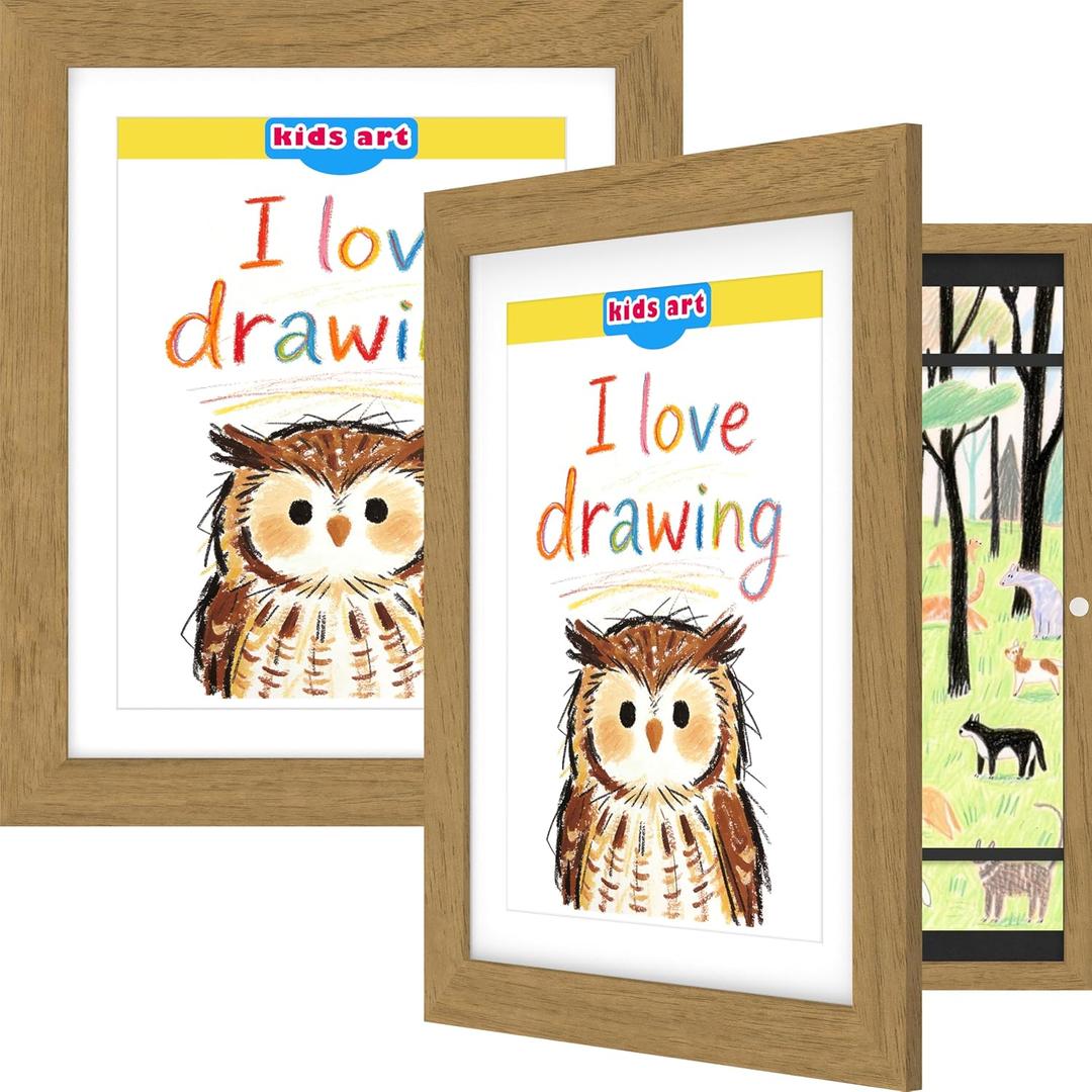 FrameWorks 2-Pack, 10" x 12.5" Light Oak Wooden Kids Art Frame with Magnetic Door – Display for 3D Artwork, Photos, Crafts – Gallery Style Edges Wall Decor for Home, Playroom, Easy Access Frame