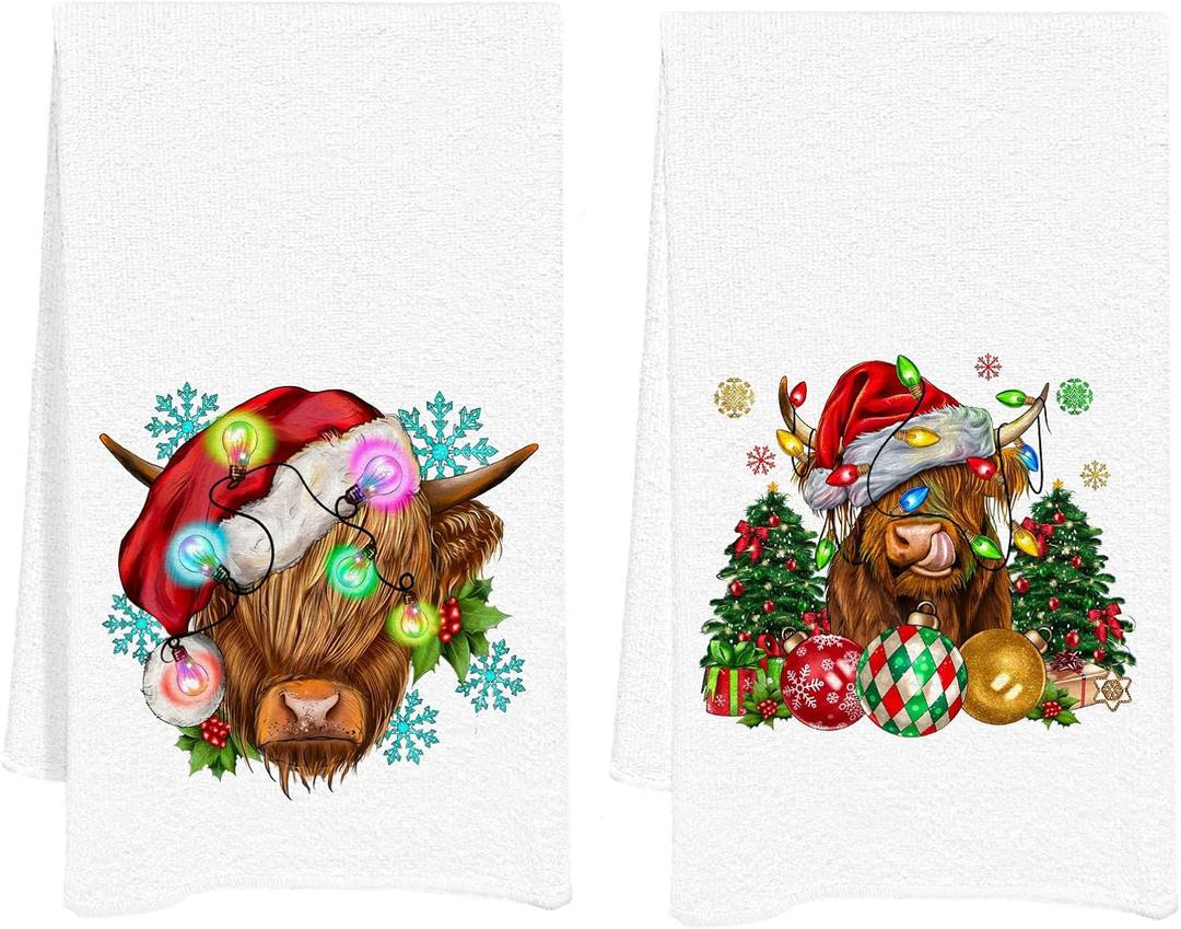Christmas Highland Western Cow Gifts Kitchen Towels 2 Pack, Farmhouse Cows Hand Towels for Bathroom Decor, Highland Cow Dish Tea Towels for Kitchen Gifts for Cows Lovers 16 x 24 in