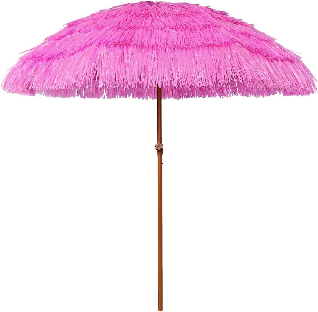 AMMSUN 7.5ft Hula Thatched Tiki Patio Beach Umbrella Hawaiian Style 10 Ribs UPF 50+ with Tilt Carry Bag for Outdoor Tiki Bar, Tropical Palapa, Patio Garden Beach Pool Backyard (Hot Pink)