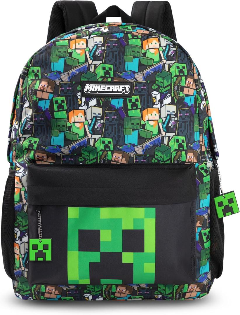 Minecraft Steve & Creeper Multicolour Backpack | Graphic Print Zip-Up Bag for Back to School | Kids Carrying Books | Unisex Kids Merch