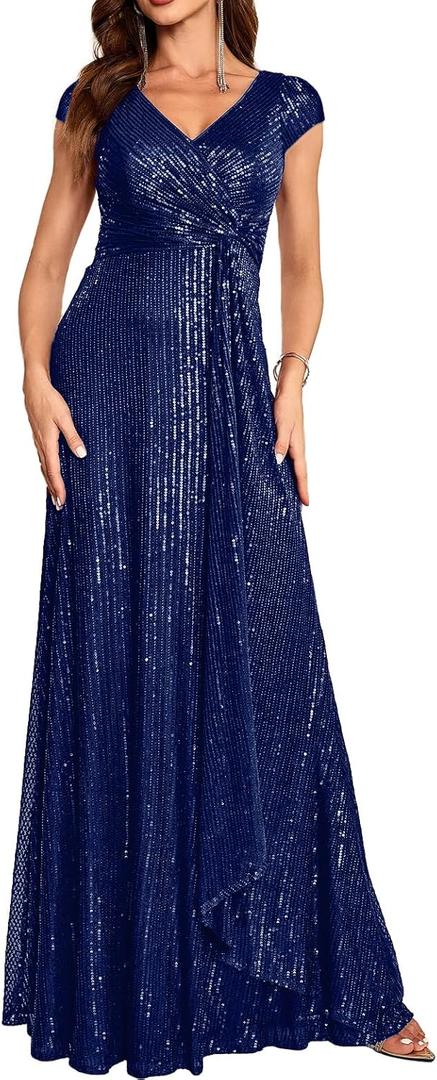 meilun Short Sleeve Sequin Dress for Women Formal Evening Gowns Sparkly V Neck 1920s Long Dress (Large)
