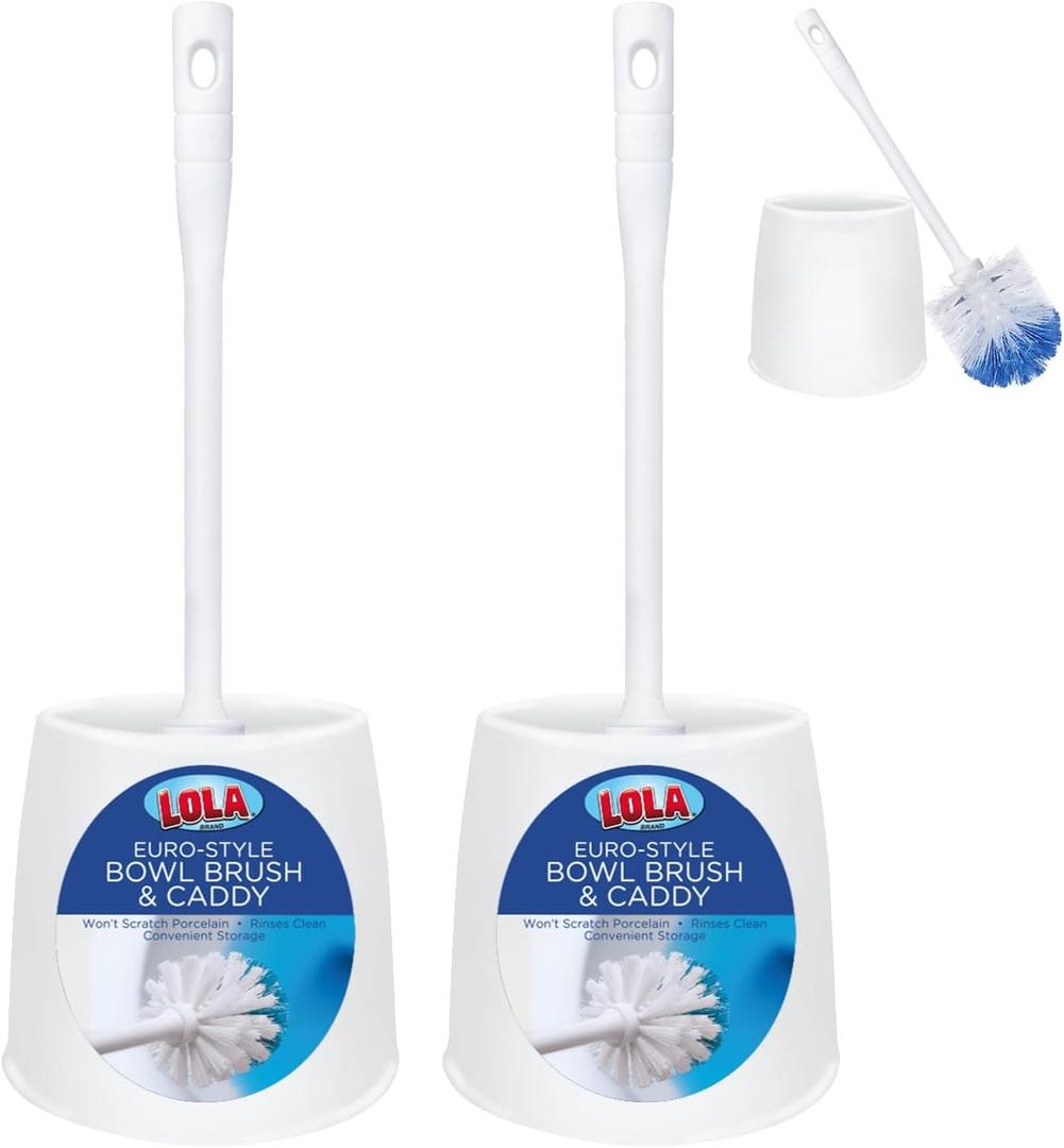 Toilet Brush and Holder Set, by LOLA, 2 Pack, Classic Version, Durable Bristles for Deep Cleaning, w/Compact Space Saving Storage Holder