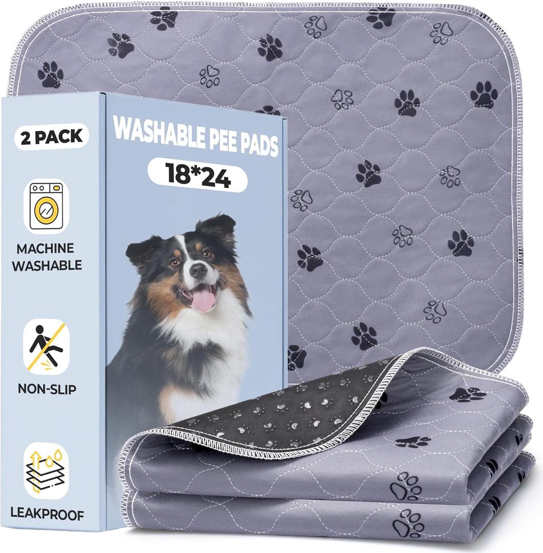 Fostanfly Reusable Puppy Pads, 2 Pack 18"x 24" Washable Pee Pads for Dogs, Absorbent and Leakproof Wee Wee Mat, Waterproof Non Slip Training Mats for Potty, Crate, Playpen, Bed, Sofa (Gray)