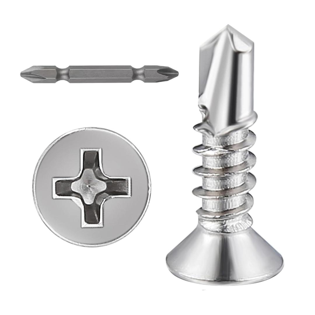 Wensilon500pcs#85/8for Sheet Metal Self-Tapping Screws 410 Stainless Steel Flat Head High-Strength Quick self-Drilling Screws