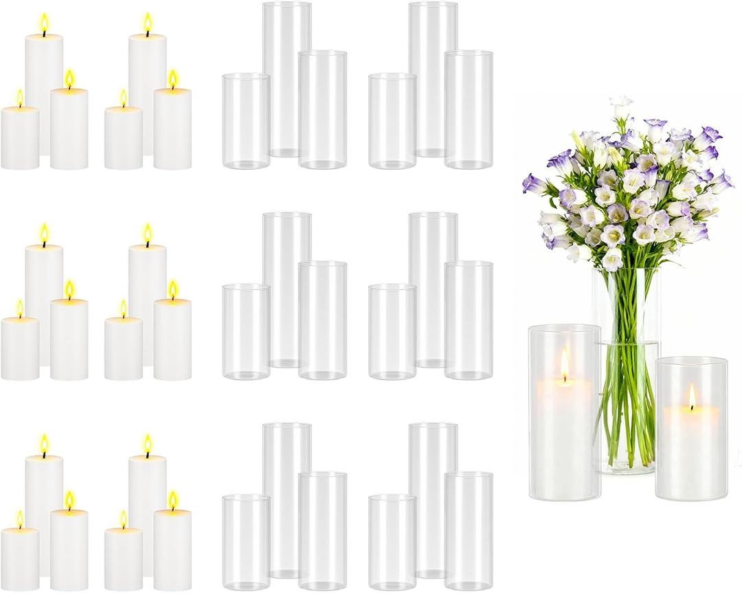 VEVOR Pillar Candles and Glass Vases Set 36 Pcs, Clear Cylinder Hurricane Candle Holders for Wedding Centerpieces, Tall Vase for Table Decor, Wedding Party, Thanksgiving,White (2.56" x 4.7",5.9",7.9")