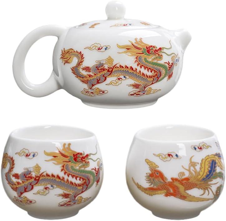 Hormsdar Hand-made Dragon and Phoenix Color-changing White Porcelain Teapot FunnyTea Set Kung Fu Tea Pot Tea Lovers Gift (Teapot + 2*Cups)