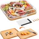 Charcuterie Board with Clear Lid, 2 Side Large Bamboo Cheese & Cutting Board for Entertaining, Includes 2 Plastic Cutting Mats & 4 Cheese Knives, Charcuterie gift ideas, Picnic Accessories