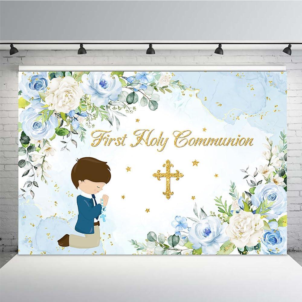 MEHOFOND 7x5ft First Holy Communion Mi Bautizo Blue Backdrop for Boys God Bless Party Decorations Blue Watercolor Photography Background Happy Birthday Photo Booth Props