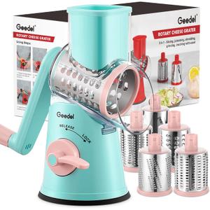 Geedel Rotary Cheese Grater Cheese Shredder - Upgraded 5-in-1 Cheese Grater with Handle and Strong Suction Base, Multi-purpose Vegetable Slicer Ice Shaver Nuts Grinder for Ice, Vegetables, Fruit, Nuts (Tiffany Blue)