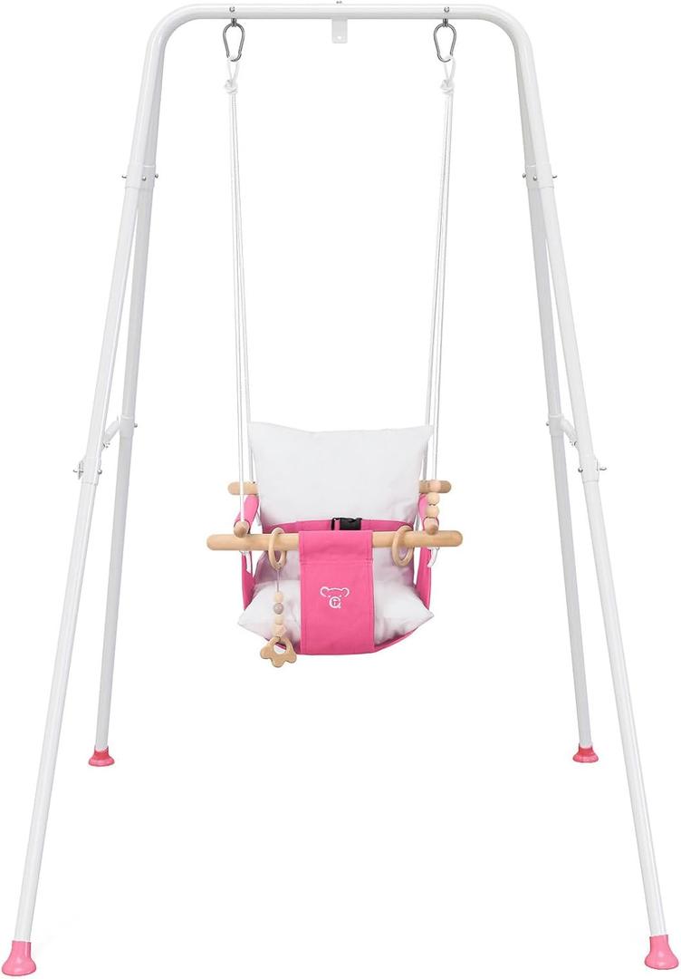 Baby Swing with Stand, Swing Set for Infant, Outdoor Indoor Swing Set with Canvas Cushion Seat (Pink)