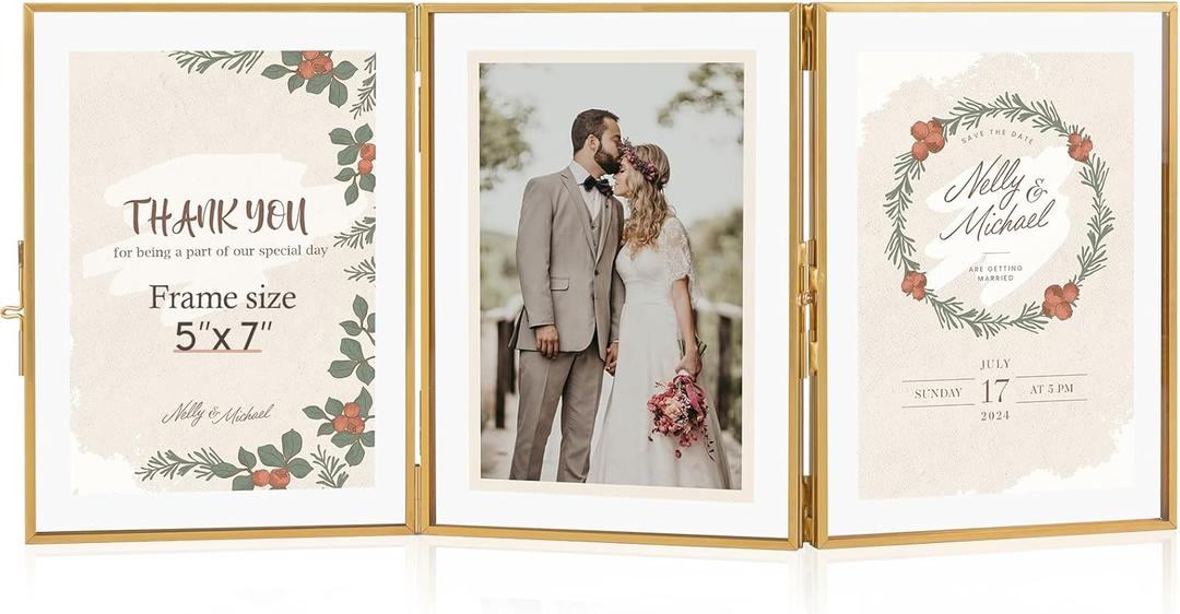 Gold Floating Frames, Vintage 5x7 Triple Folding Picture Frame, Hinged Glass Picture Frames with Three Opening for Artwork Photo Stand on Tabletop