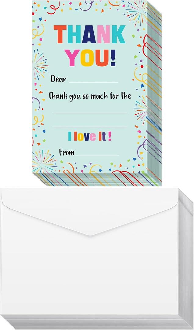 Eaasty 72 Pieces Mother's Day Thank You Cards Fill in The Blank Thank You Note with Envelope Colorful Thanks Appreciation Gift Greeting Card for Birthday Graduation Party, any Occasion(Confetti Style)